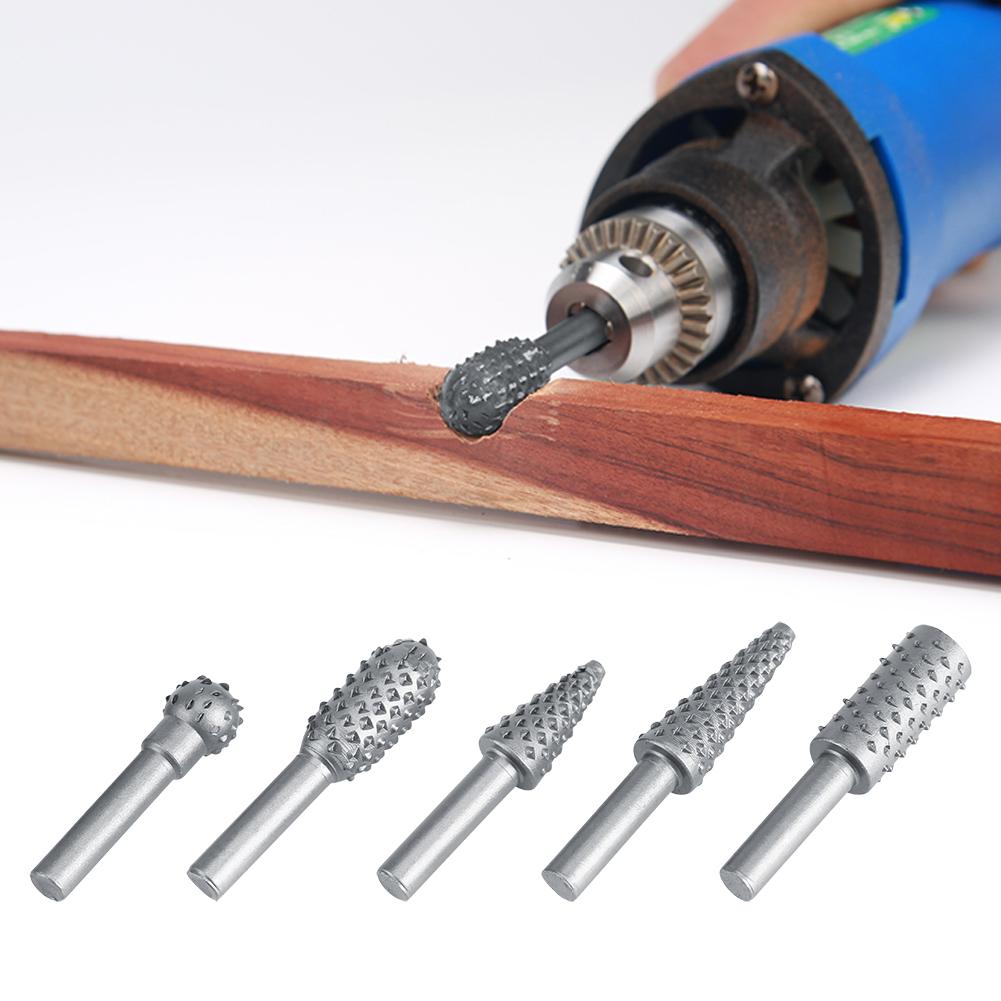 5Pcs Hard Alloy Rotary Burr Rasp File Set 6.3mm Shank Wood Carving Drill Bits