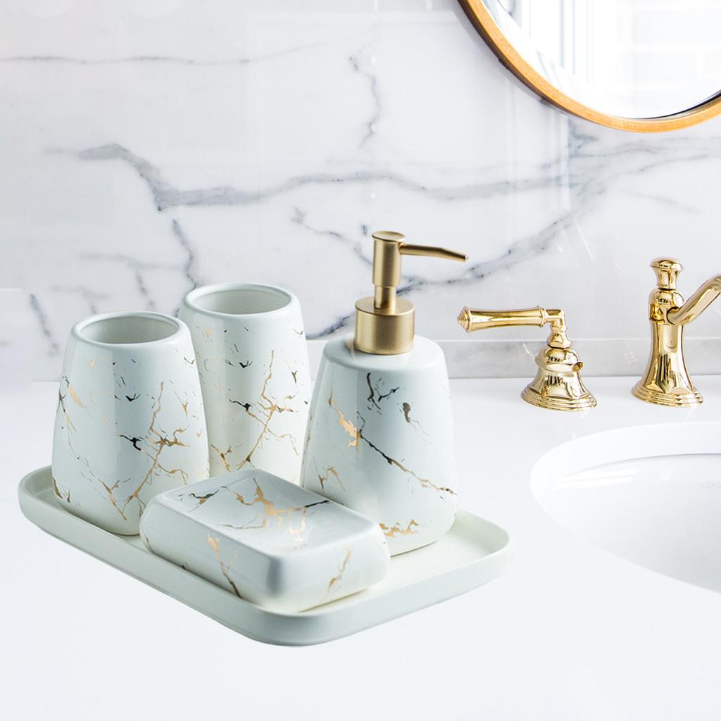 Bath Bathroom Accessory Kit CERAMIC Marble Pattern Lotion Dispenser Soap Dish Great Gift for Family, Friends