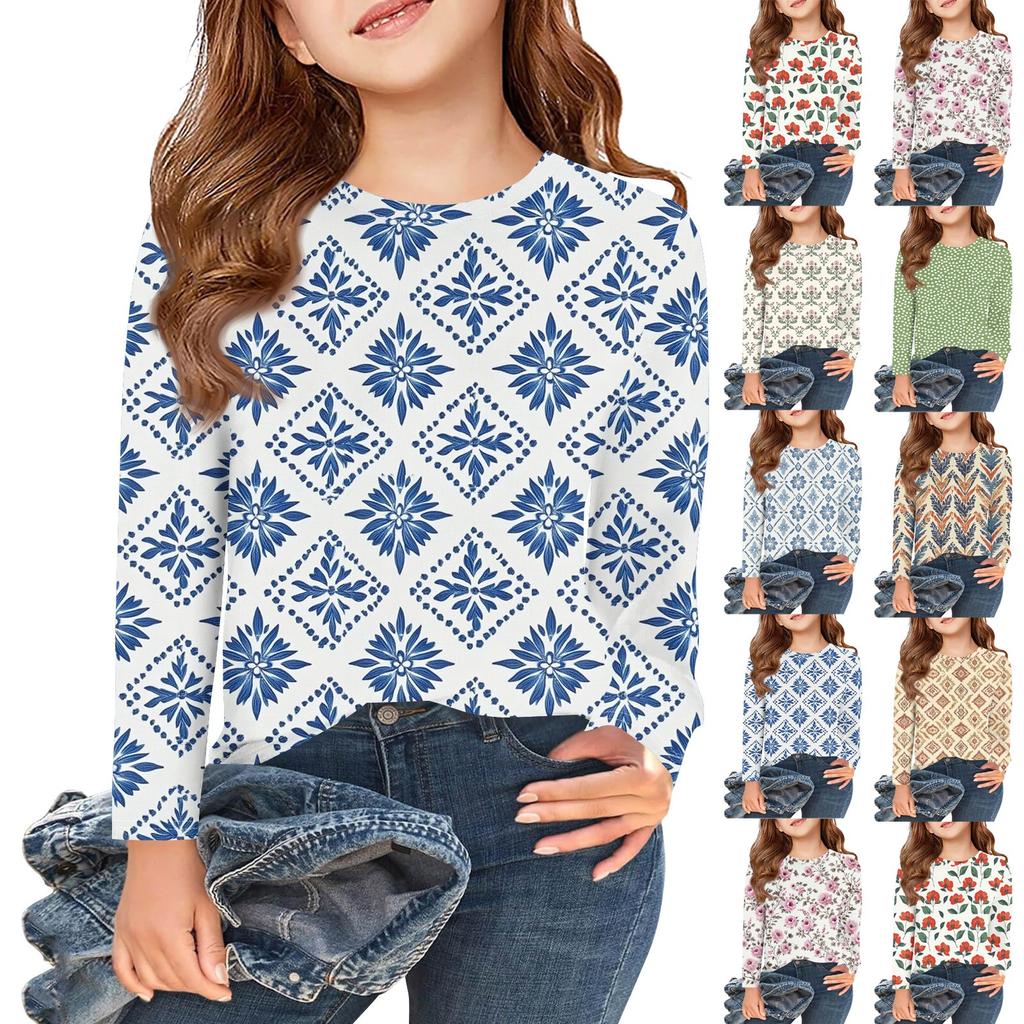 Girls Long Sleeve T Shirts Kids Fall Tops Crewneck  Printed Basic Tees 5-14Y