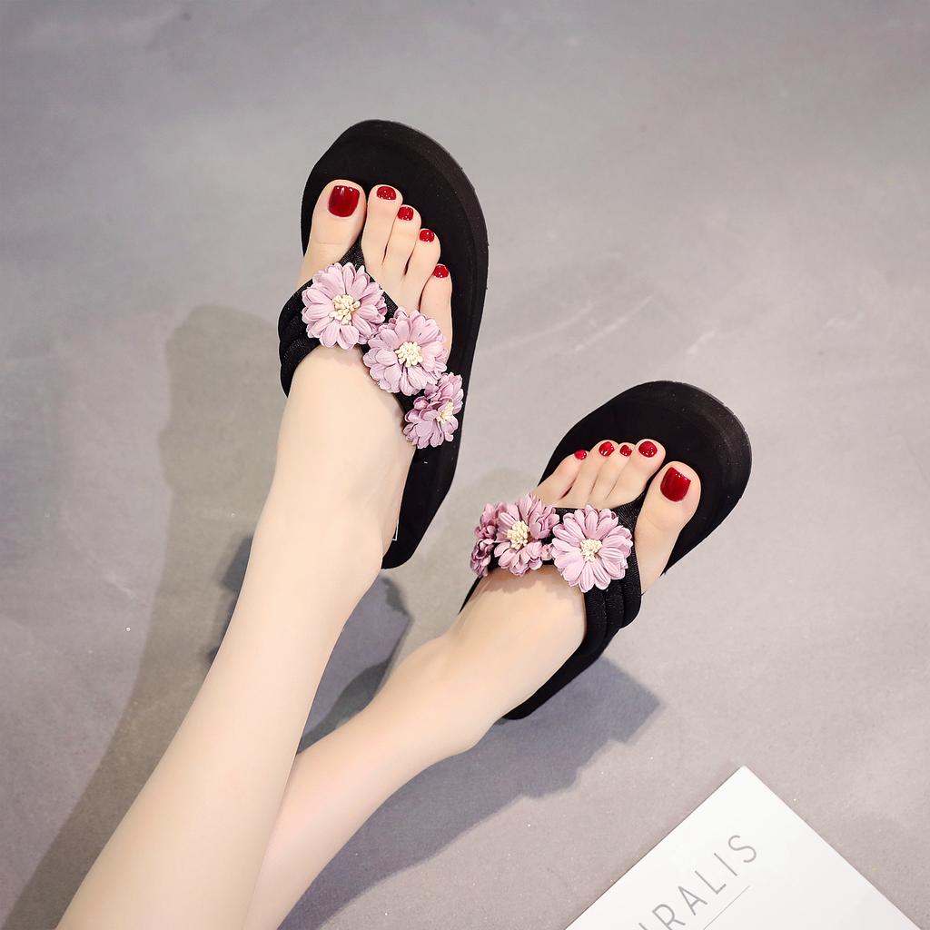 6 Cm High Heel Women's Bohemian Flip Flops Ladies Sandals Sponge Cake with Non-slip Clip Toe Home Slippers Beach Shoes Slippers