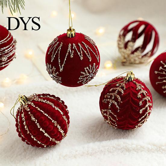 Luxury Holiday Tree Decorations Burgundy Velvet Christmas Ball Ornaments, 3.15 Inch Glitter Flocked Decorative Hanging Balls Decoration, Plastic
