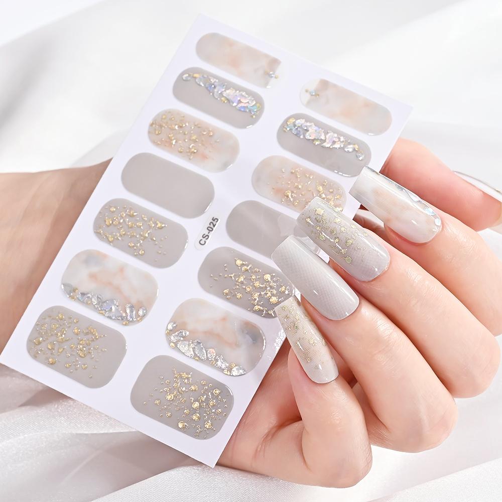 14 Tips/sheet Women Girls Full Cover Self-adhesive Nail Polish Stickers Baking Free Marble, Shell Pattern Nail Wrap Decals Decor