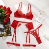 Sexy Flower Embroidery Lingerie 4 Pcs Sets Romantic Mesh Patchwork Sheer Bras And Thongs Garter Suits Fancy Erotic Intimate Set
