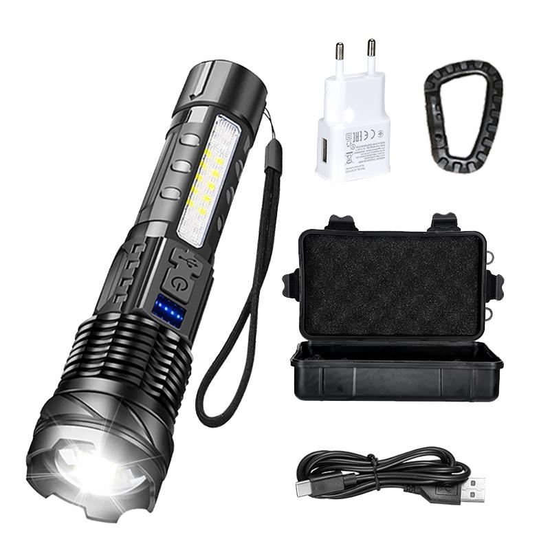 High Power LED Flashlight Portable Zoom Torch Type-C Rechargeable Waterproof Light with COB Side Lamp for Outdoor Camping Hiking