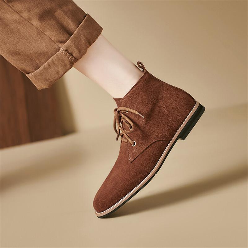Fashion 2025 Autumn Cow Suede Women Boots Round Toe Low Heels Boots for Women College Style Lace Up Short Boots Winter Boots Work Boots
