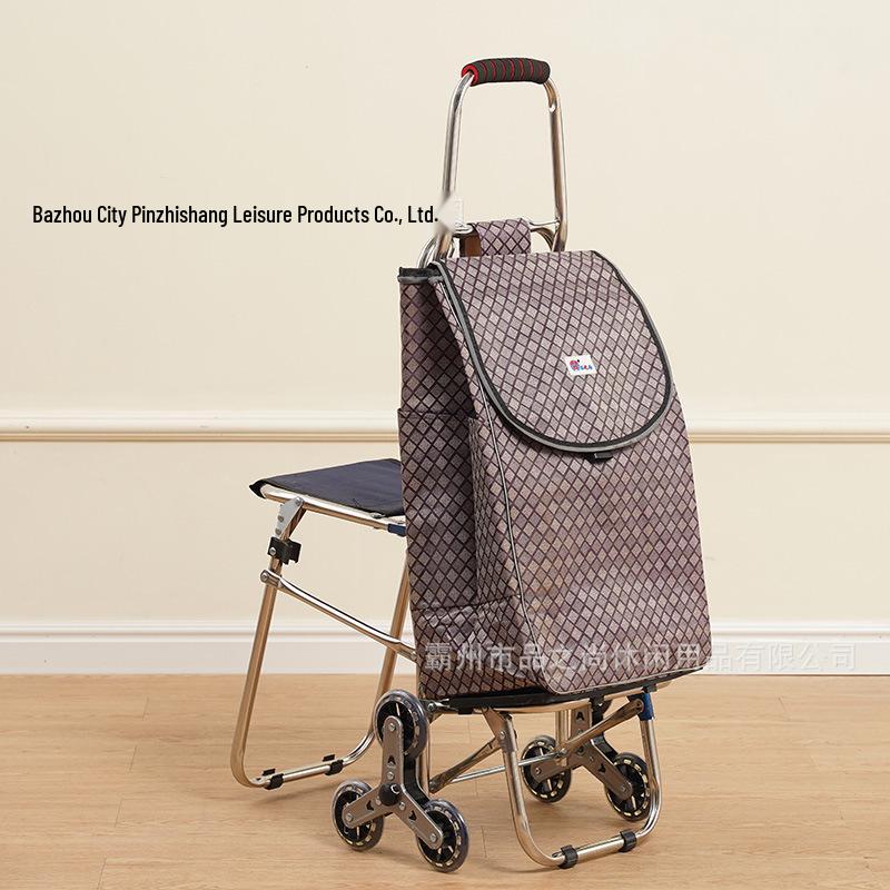 Compact Folding Stair-Climbing Trolley with Seat, Stainless Steel Rod, Outdoor Grocery Cart