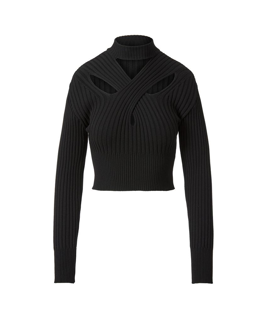 DRAE Cross-Cutout Ribbed-Knit Sweater_Black