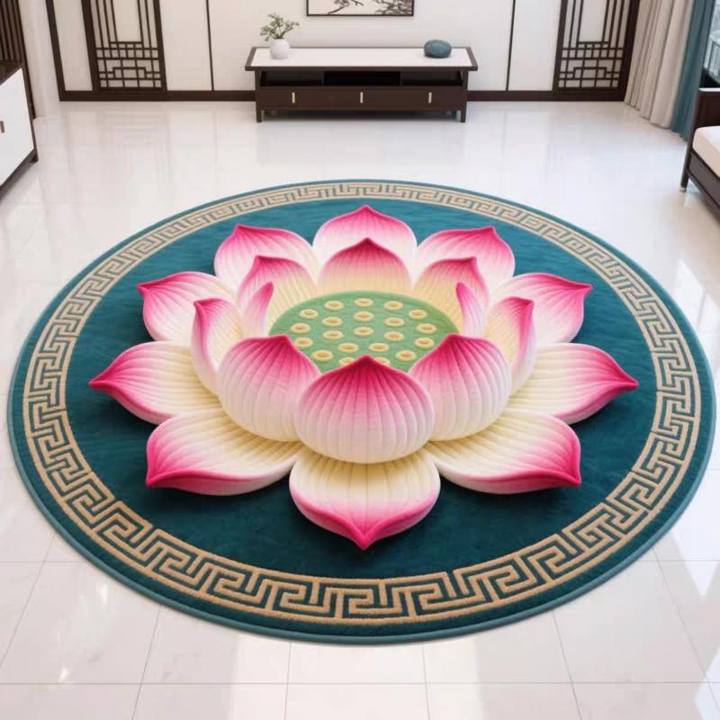 Chinese Lotus Flower Pattern Round Carpet Bedroom Living Room Decorative Floor Mat New Year Decor Zen Buddhist Meditation Mat 60x60CM