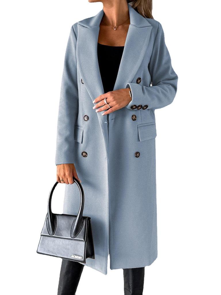 Women's Spring 2025 Versatile Woolen Double-Breasted Long Sleeve Coat with Welt Pockets