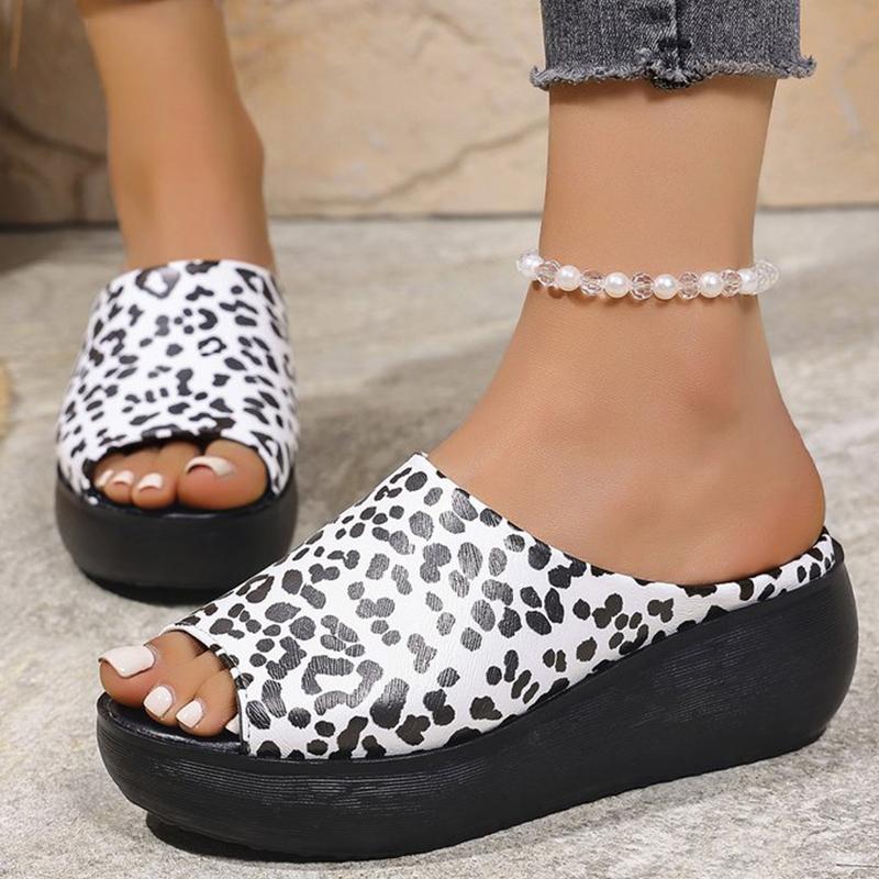 Fashion Summer Shallow Leopard Wedge Slippers for Women 2025 PU Plus Size Woman Slides Non-Slip Platform Women Slippers