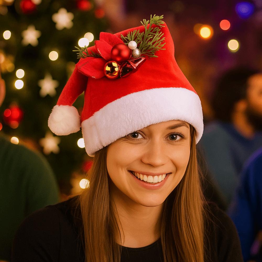 Sweet Bow Plush Christmas Hat Snowflake Red Santa Claus Hat Flower Beanie Xmas Cap New Year