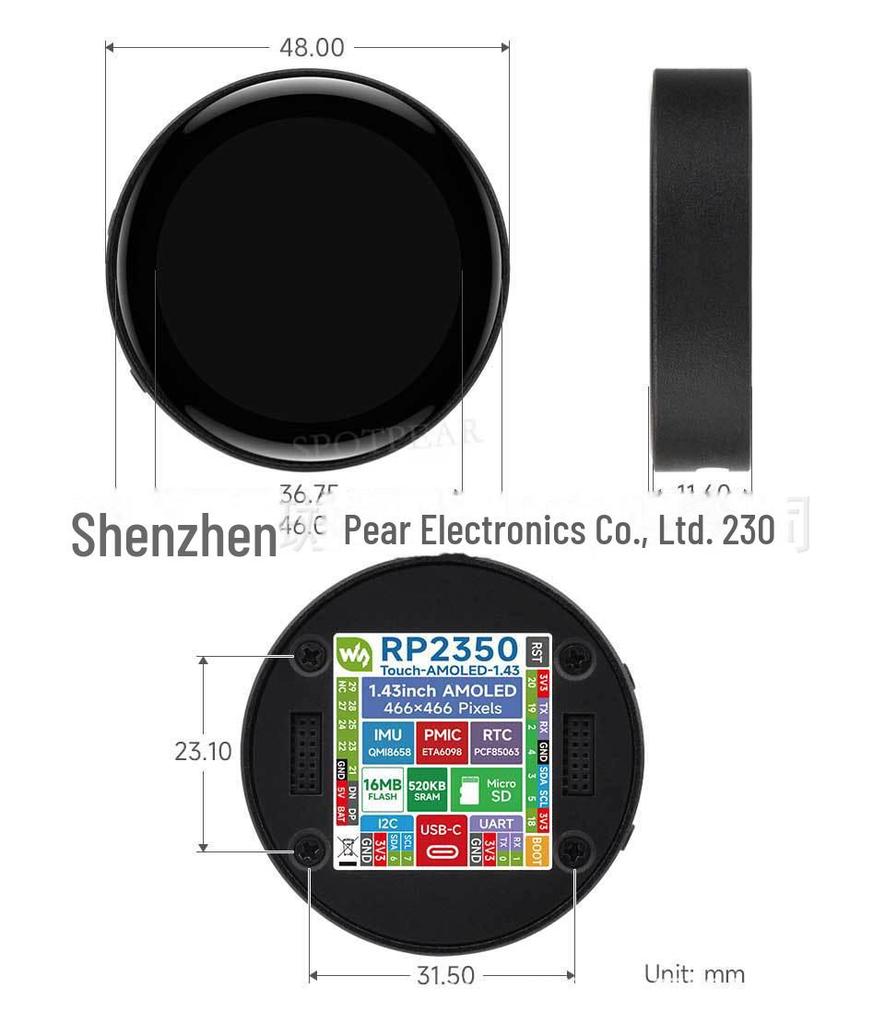 Raspberry Pi Pico 2 RP2350 1.43" AMOLED Touch Display Development Board, 466x466 Resolution