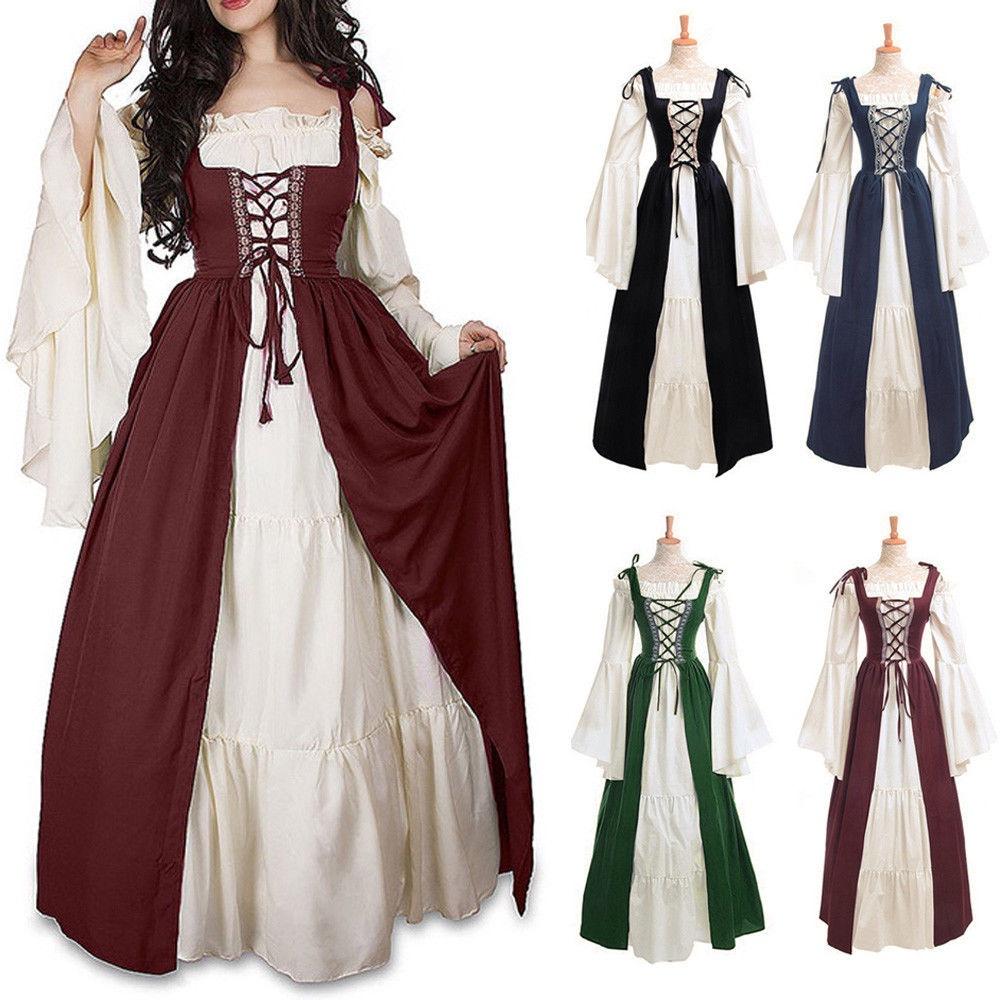 Renaissance Womens Vintage Medieval Long Dress Halloween Gothic Costume Gown