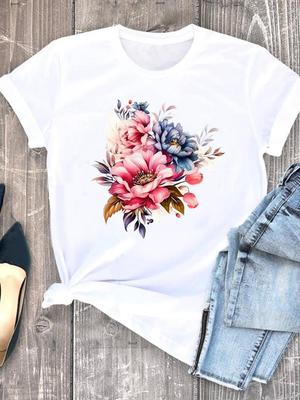 (Asian Size) Clothing Casual O-neck Tee Top Watercolor Flower Lovely Women Short Sleeve T Shirt Fashion Print Lady Female Graphic T-shirts
