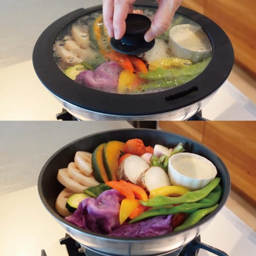 Hokuriku Aluminum Cast Varius A-3136, 24cm Silicone Glass Lid for Removable Handle Frying Pans, Made of Silicone and Tempered Glass for a Non-slip, Li