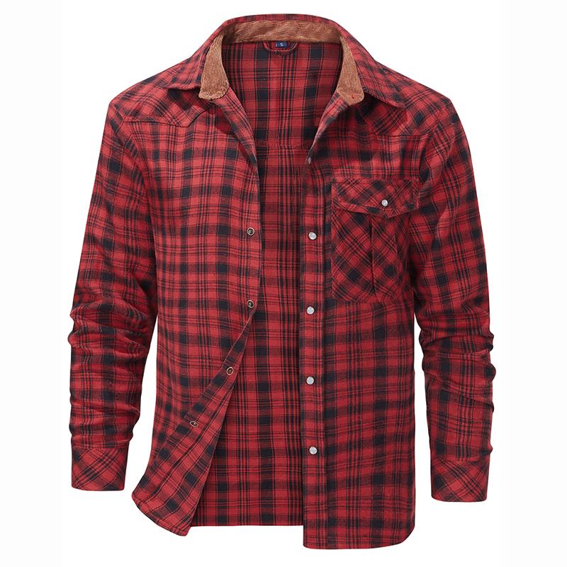 Men's Spring Autumn Plaid Shirts Long-Sleeved Casual Shirt Outdoor Safari Hiking Cargo Cotton Tops