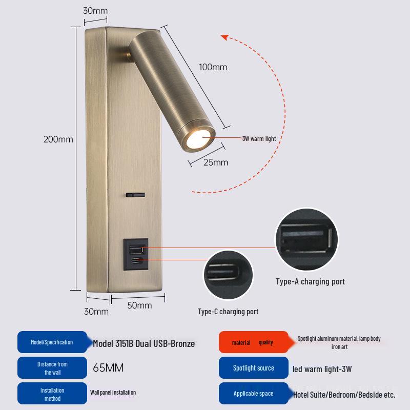 Rotatable Type-C USB Wall Lamp with Switch for Bedroom, Study, or Hotel