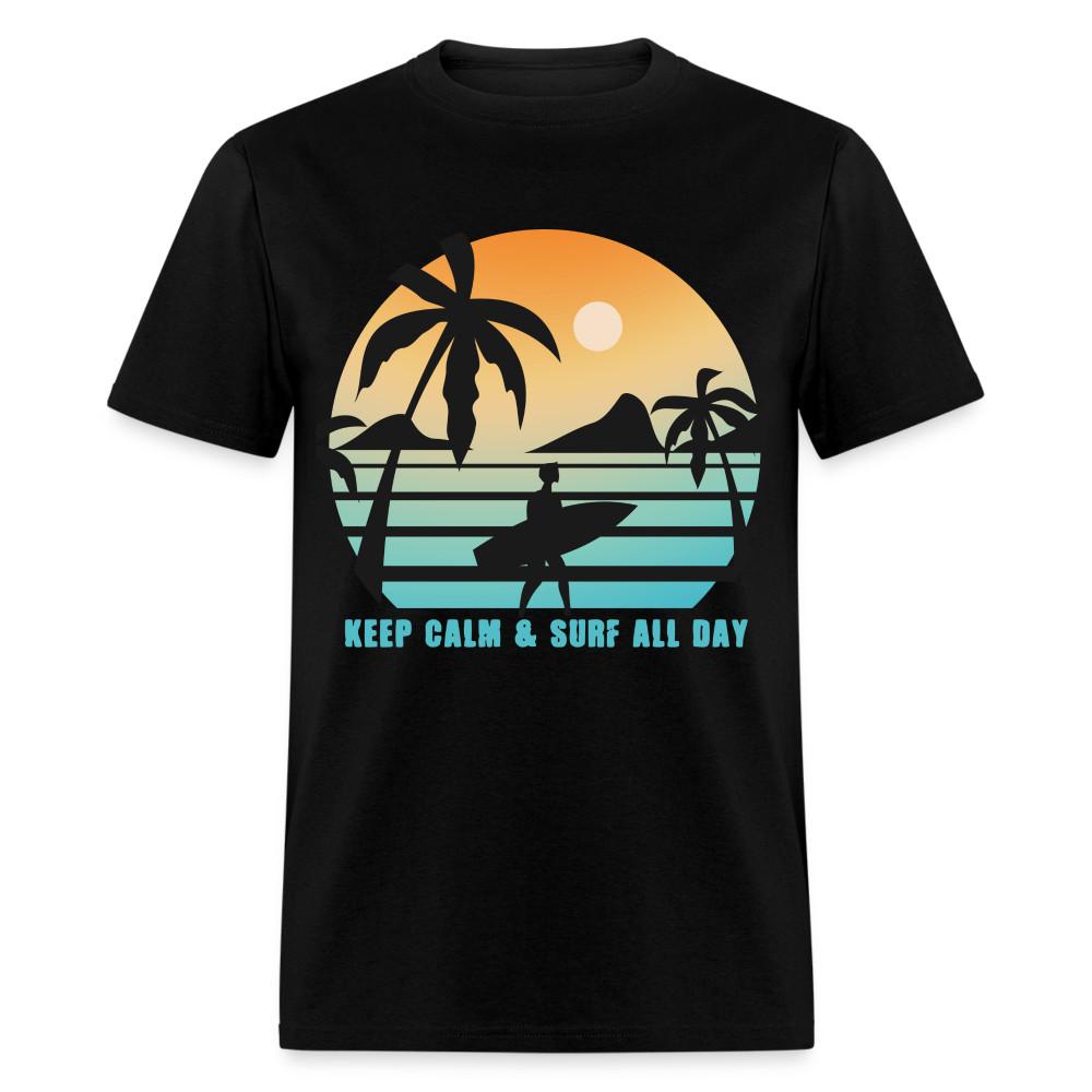 Сохраняй спокойствие и серфи по всему дню футболка Калифорнийский серфер Закат Океан Пляж Футболка 4XL