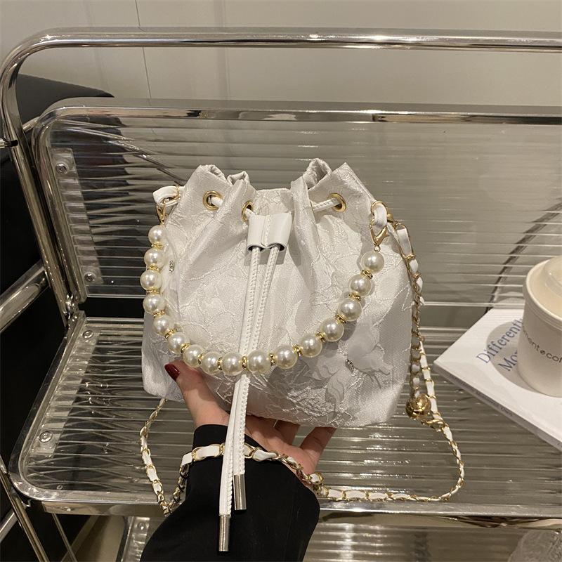 Floral Lace Drawstring Bucket Bag, Pearl Decor Handle, Metal Chain Strap, Chinese Style Small Crossbody Purse, Elegant Women Evening Handbag