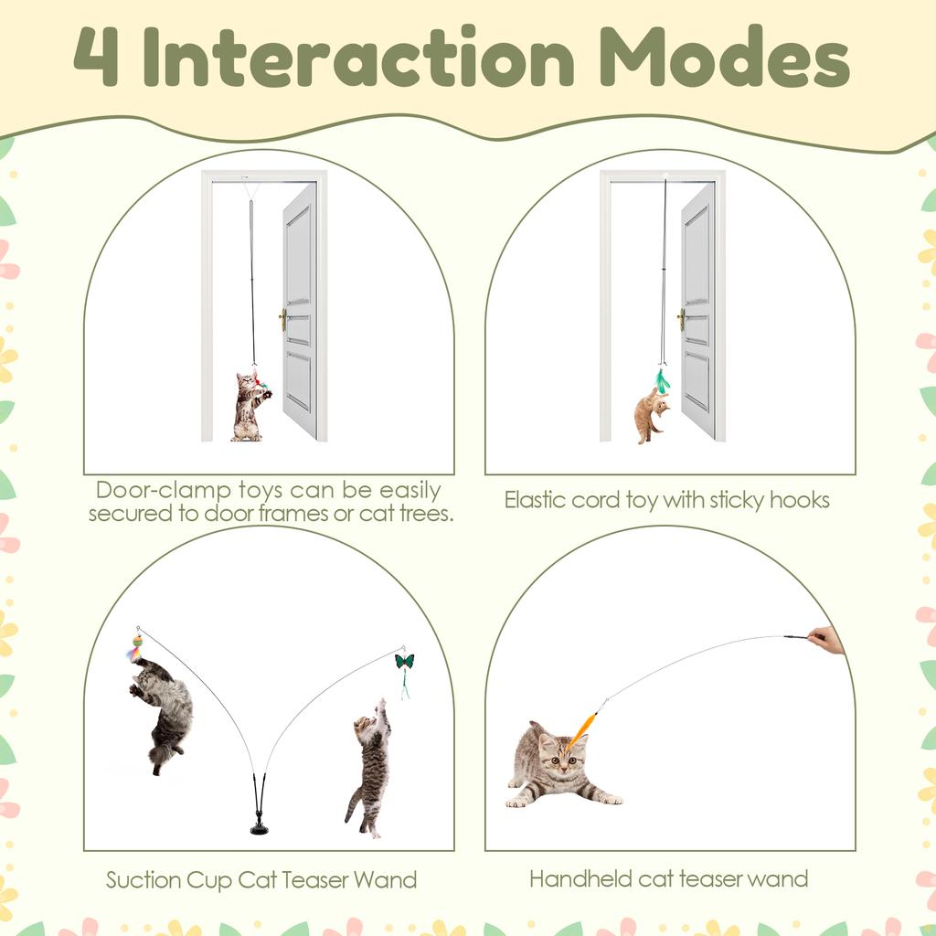 Interactive Cat Feather Toy Indoor Cat Teaser Stick with 2 Wand 11 Feather Toy Suction Cup and 2 Type Of Door Hanging Cat String