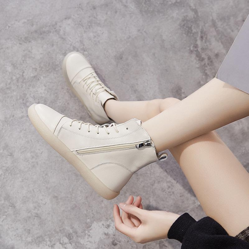 Móda GKTINOO Pravá Hovězí Kůže Dámské Kotníkové Boty Bílé Tenisky Šněrovací Pohodlné Krátké Kotníkové Boty Podzimní Zimní Obuv Protiskluzová