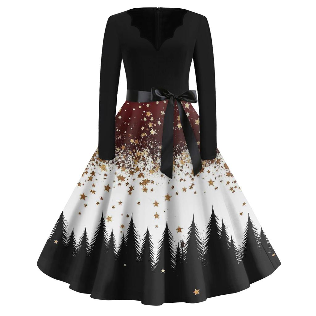 Women's Fashion V-Neck Relaxed-Fit Christmas Print Long-Sleeved Dress