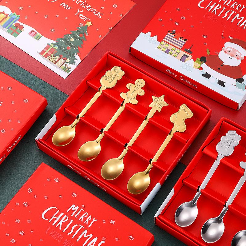 Edelstahl Löffel Tafelgeschirr Runder Löffel Kuchen Dessert Eis Kaffee Löffel Kreatives Weihnachts-Löffel-Set