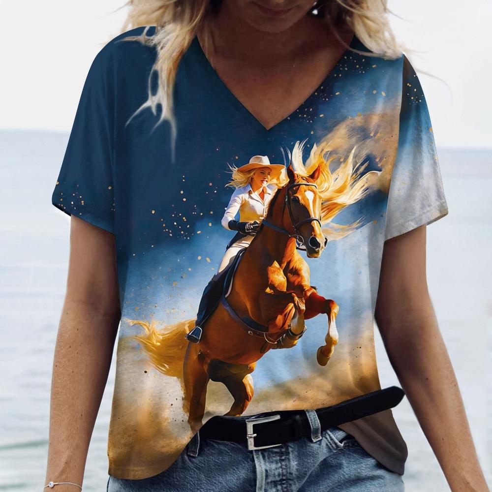 Summer Fashion Ladies Riding Horses 3D Personality Printed T-shirt Women's Loose Comfortable Soft Breathable V-neck Short Sleeved T-shirt