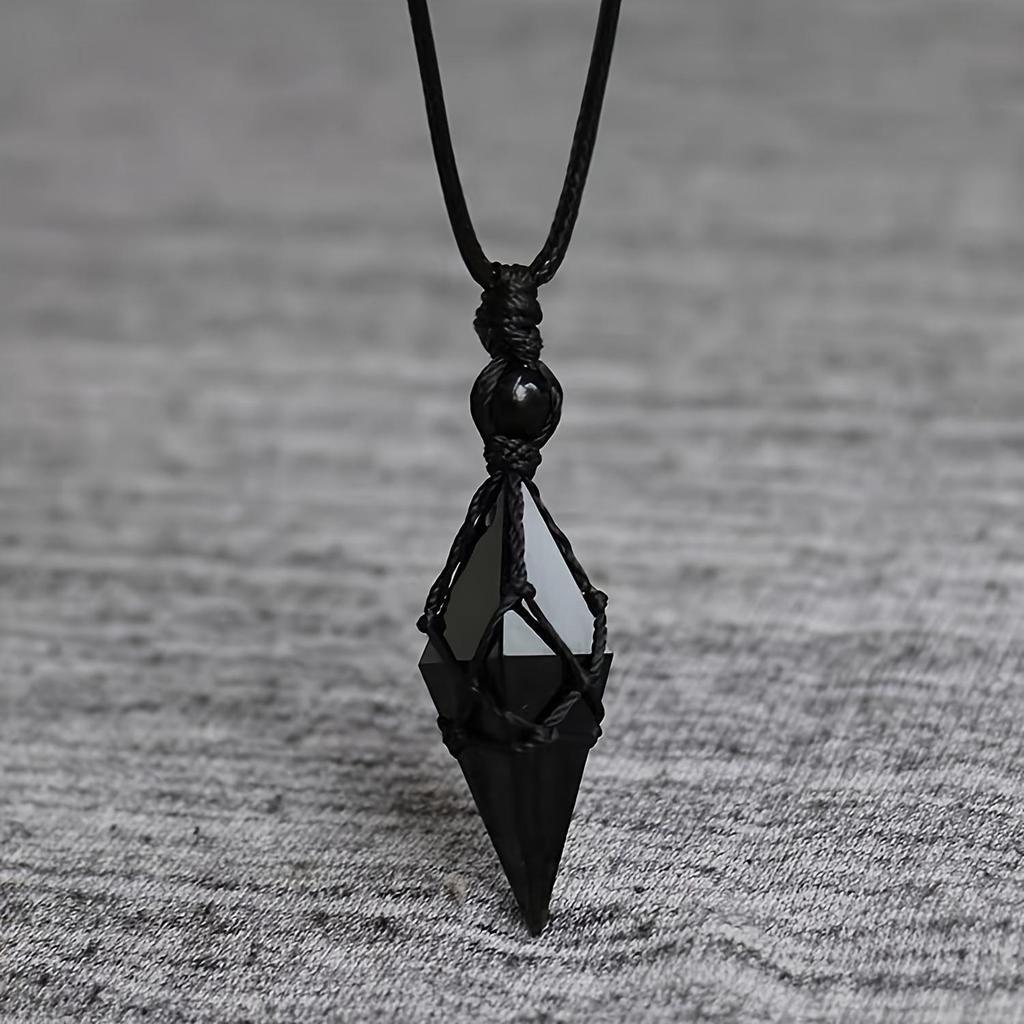 Unisex Adjustable Obsidian Pendant Necklace - Geometric Crystal with Woven Rope for Couples