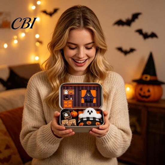 Halloween Cabin Illustration Mini Tin Box Gift, Plush Ghost with Haunted House Spooky Unboxing Experience Scene, Collectible Micro Theater Gift