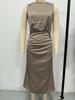 Europäisches & Amerikanisches Damen Herbst-Faux-Seiden-Satin-Falten-Midikleid