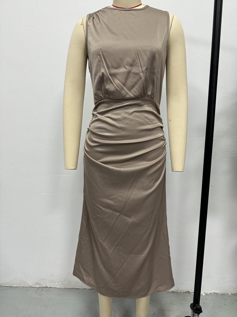 Europäisches & Amerikanisches Damen Herbst-Faux-Seiden-Satin-Falten-Midikleid
