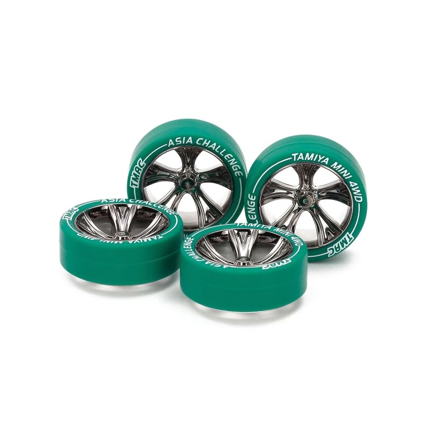 

Overseas Limited Edition Mini 4WD Asia Challenge 2025 Small Dia. Low-Profile Tire & Black Plated A-Spoke Wheel Set (Азиатский вызов) 95686 [Product]