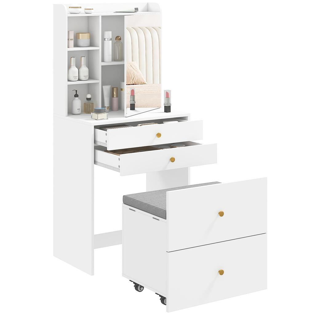 Dressing Table with Mirror and Mobile Storage Stool, Compact Vanity Table with Cabinet, Drawers, Open Shelves, White