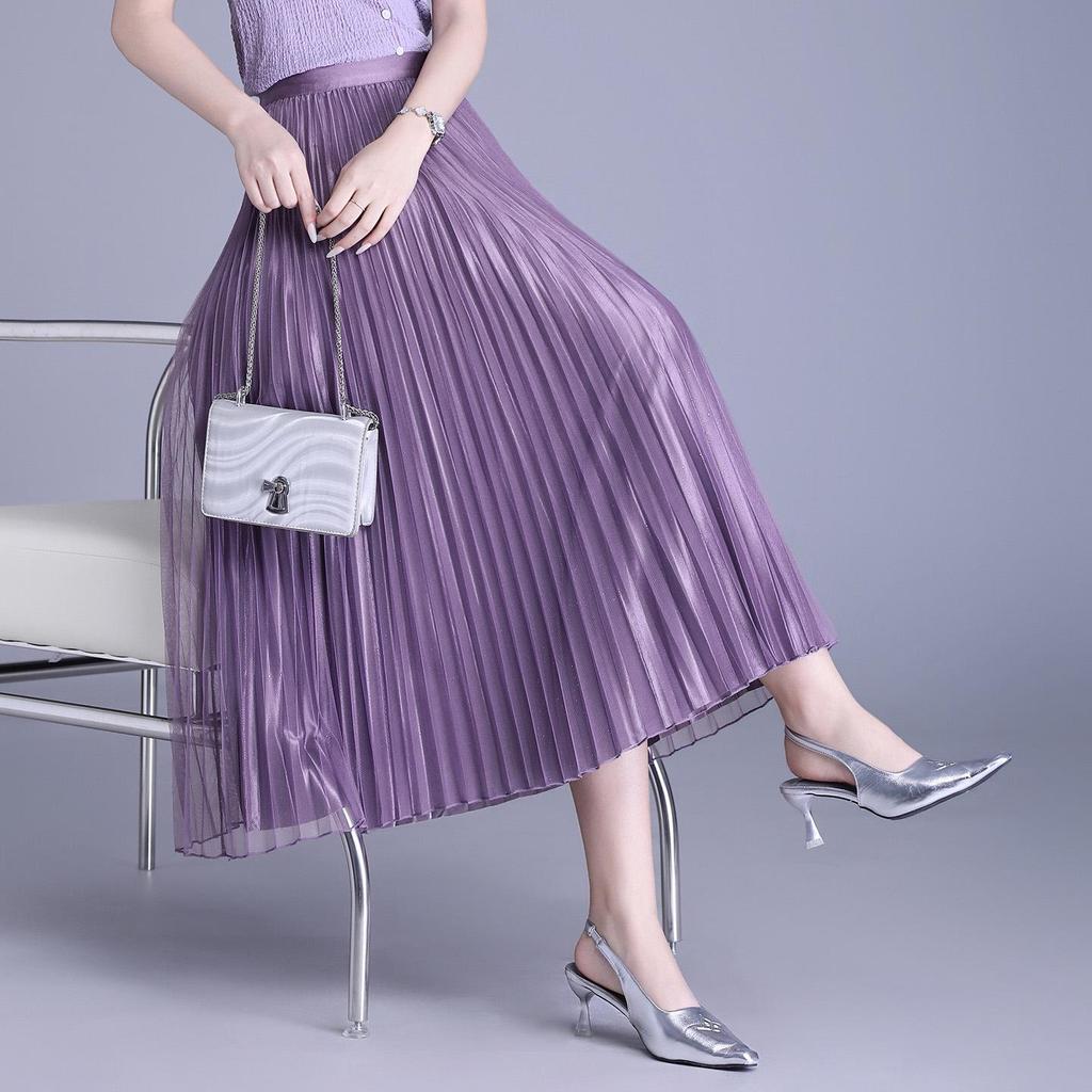 Solid Color High-Waisted Pleated Lurex Mesh Midi Skirt