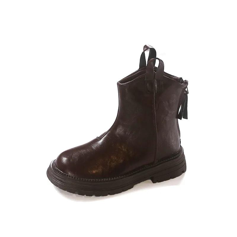 New Children Leather Boots Spring Autumn Girls Ankle Boots Thick Bottom Non-slip Kids Causal Fashion Boots Round-toe Versatile