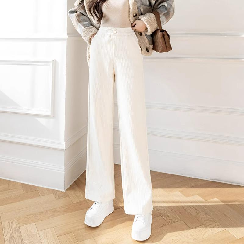 Petite Beige Fleece Chenille Wide-Leg Pants - Women’s High-Waisted Slim-Fit, Autumn/Winter Casual Straight-Leg XS-150