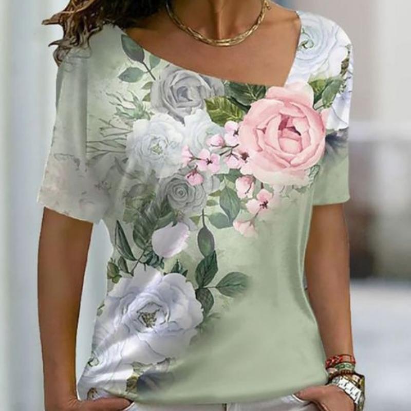 3D-trykt V-hals T-skjorte for kvinner Uformelle topper Kortermet Slim Fit T-skjorte for kvinner Mote Elegant Vintage Løs T-skjorte for kvinner 24052