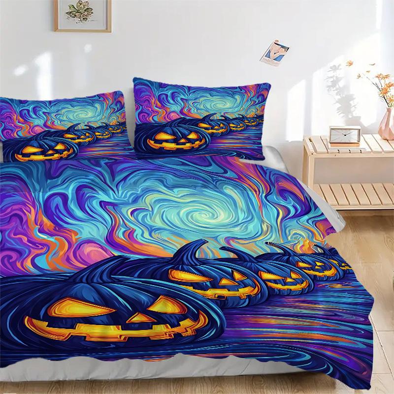 3pcs Halloween Pumpkins Bedding Set - 1 Duvet Cover + 2 Pillowcases(Core Not Included), Machine Washable Polyester yy251216170