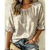 Women's Gingham Daisy Print Tie Neck Blouse Ruffle 3/4 Sleeve Lightweight Fresh Summer Casual Daily Shirt