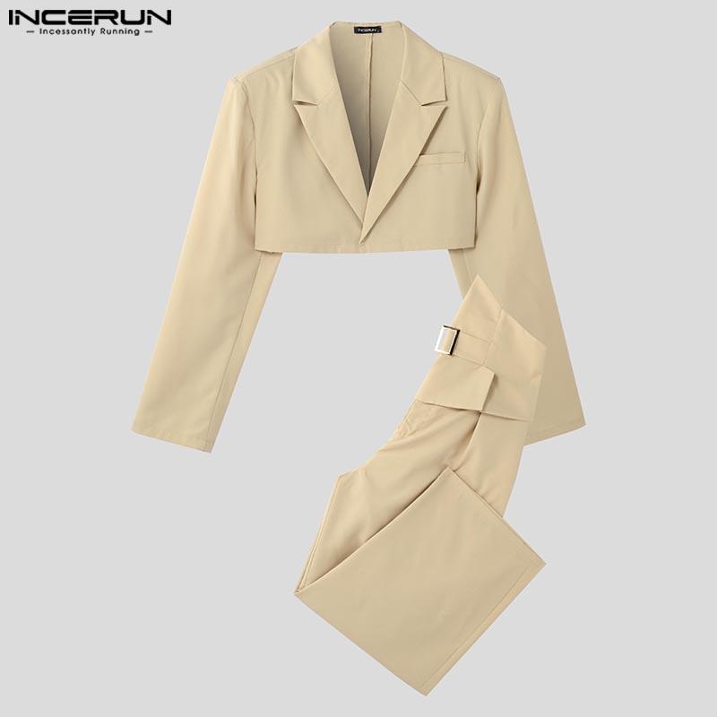 INCERUN Two Pieces Outfits Men Long Sleeve Short Coat High Waist Long Straight Pants Sets