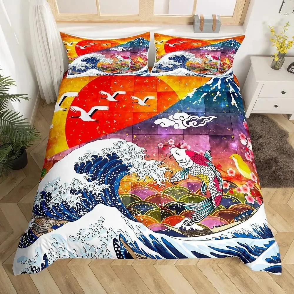 Japanese Style Crane Duvet Cover Set Full Size,Exotic Red Sun Sea Waves Bedding Sets,Vintage Ukiyoe Traditional Comforter Cover