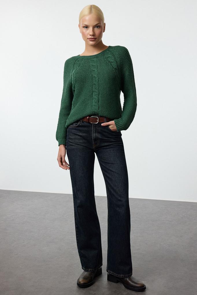 Women's Fashion Stylish Sweater Emerald Green Soft Textured Hair Braided Seamless Knitwear Sweater
