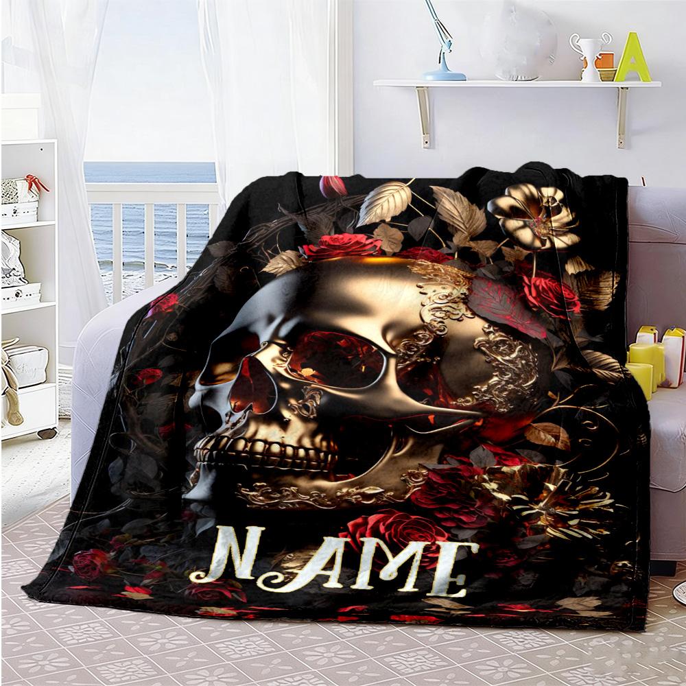 Golden Skull Rose Personalized Name Blanket Cozy Personalized Blanket Soft Warm Cozy Great for Office Nap Sofa Picnics for All Occasions
