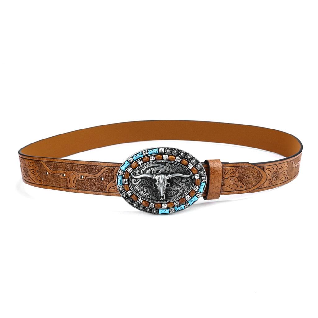 Belt with Cow Head Large Buckle Trendy Retro Style Young Men's Punk Leather Belt