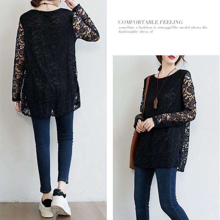Spring Autumn Women's Round Neck Lace Blouse Mid-Length Loose Hollow-Out Plus Size Blouse