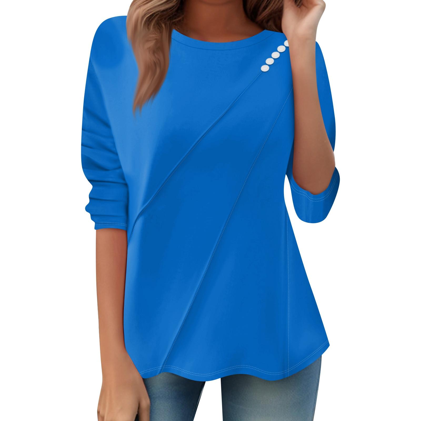 

Women s Loose Casual Long Sleeve Top Round Neck Button Pull Stripe T Shirt M синий
