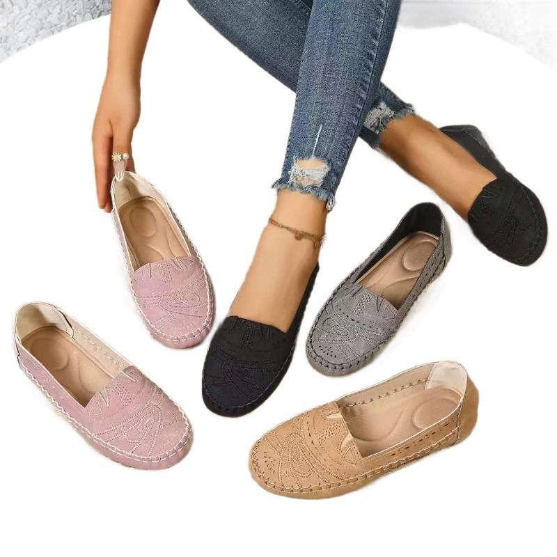 Womens Flat Loafer Slip-On Shoes With Embroidery Breathable PU Upper Comfortable Rubber Sole Casual