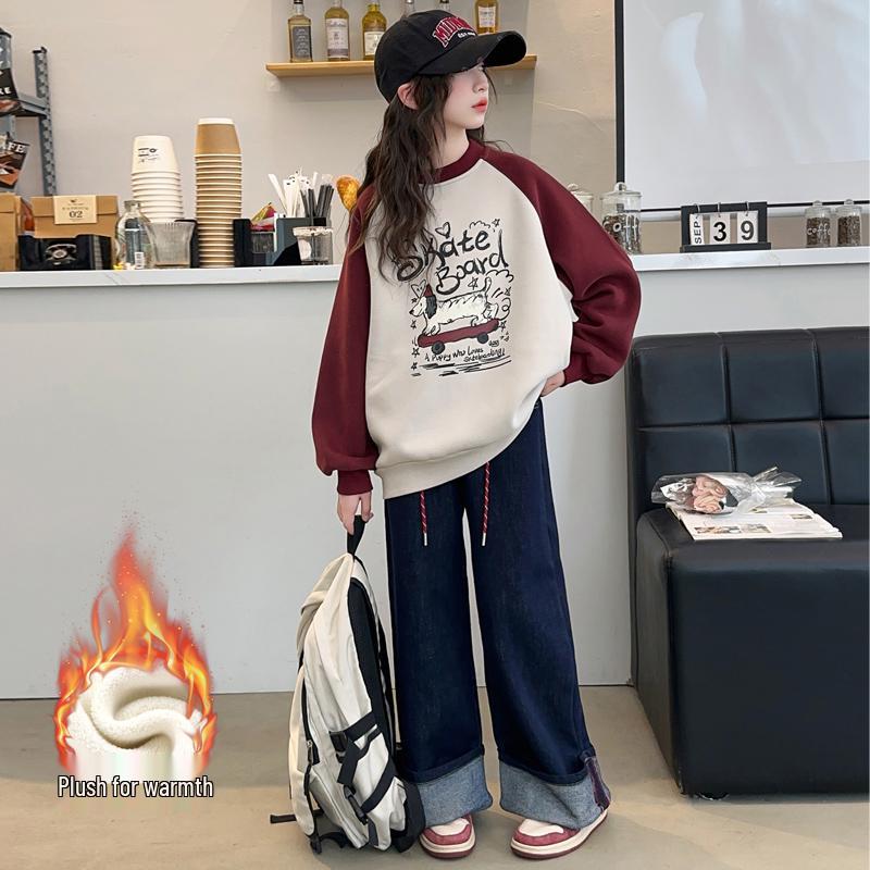 Girls' Fleece-Lined Sweatshirt - Stylish Thick Long Sleeve Top for Big Kids (Autumn/Winter)
