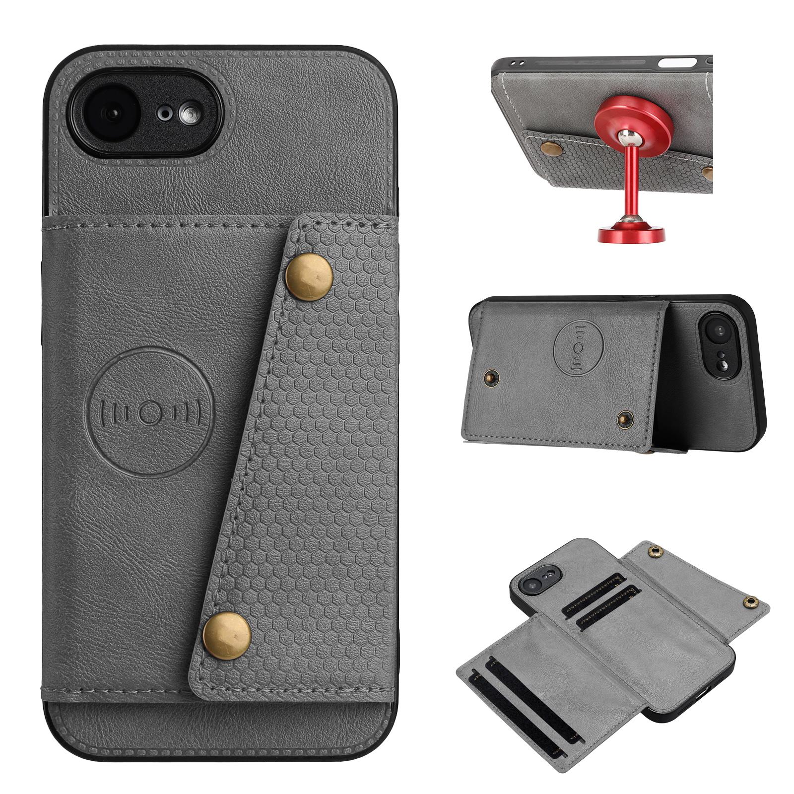 

For iPhone 16e Case with Card Slots Kickstand Leather+TPU Phone Cover Grey